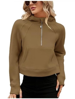 Micoson Womens Fleece Lined Cropped Hoodies Half Zip Pullover Long Sleeve Workout Sweatshirt with Pockets Thumb Hole