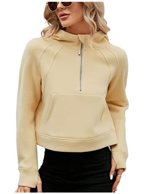 Micoson Womens Fleece Lined Cropped Hoodies Half Zip Pullover Long Sleeve Workout Sweatshirt with Pockets Thumb Hole