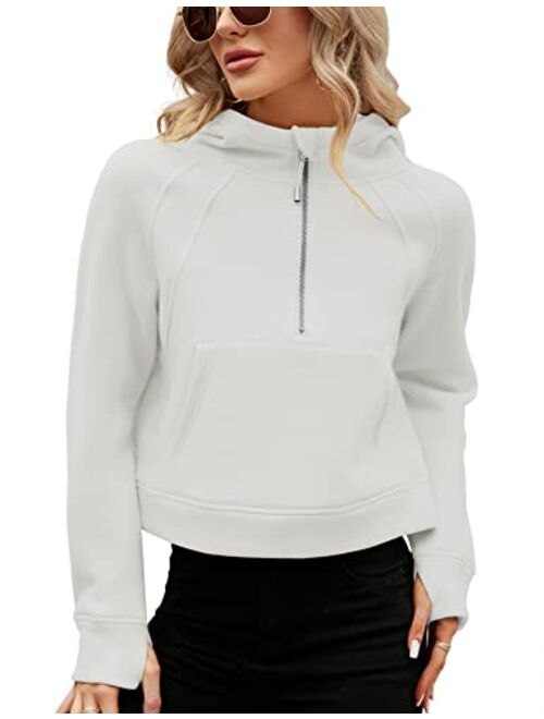 Micoson Womens Fleece Lined Cropped Hoodies Half Zip Pullover Long Sleeve Workout Sweatshirt with Pockets Thumb Hole