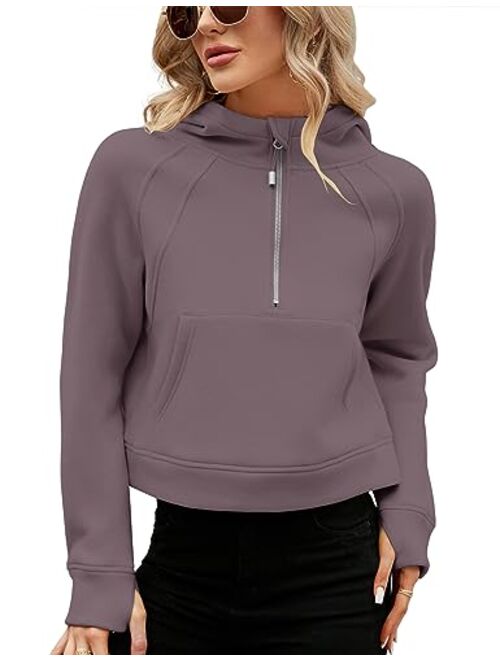 Micoson Womens Fleece Lined Cropped Hoodies Half Zip Pullover Long Sleeve Workout Sweatshirt with Pockets Thumb Hole