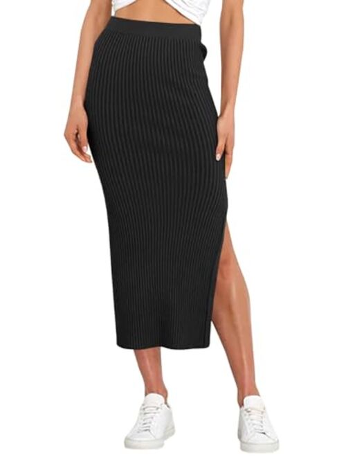 Runcati Women's Bodycon Knitted Pencil Skirts Elastic Split High Waisted Midi Skirt