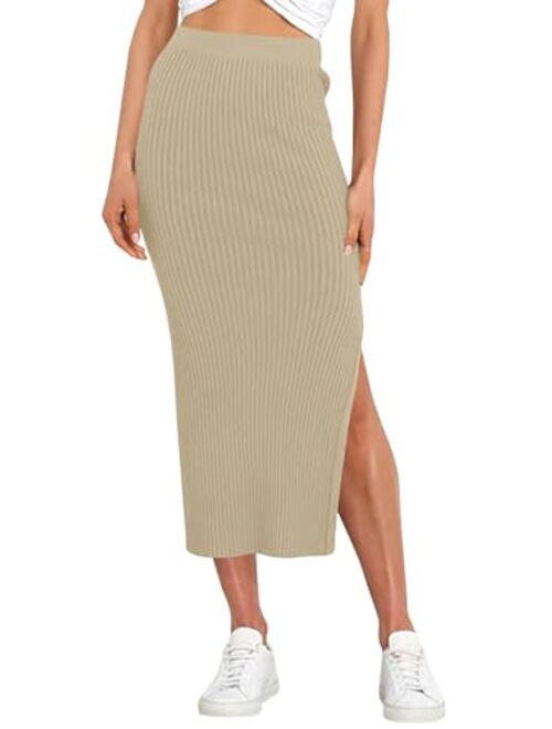 Runcati Women's Bodycon Knitted Pencil Skirts Elastic Split High Waisted Midi Skirt