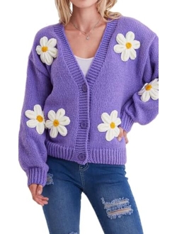 Migratory Bird Guide Kawaii Y2k Sweater Cardigan for Women, Long Sleeve V-Neck Button Cropped Flower Knit Womens Clothes