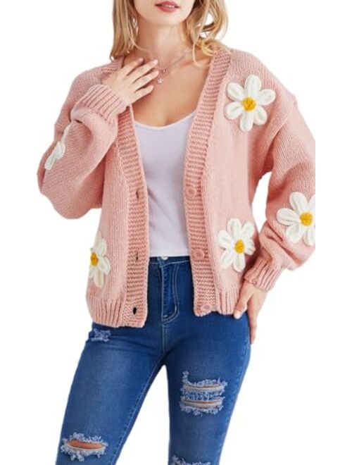 Migratory Bird Guide Kawaii Y2k Sweater Cardigan for Women, Long Sleeve V-Neck Button Cropped Flower Knit Womens Clothes