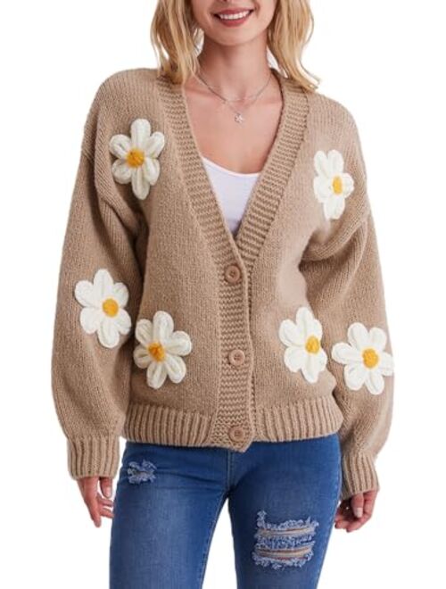 Migratory Bird Guide Kawaii Y2k Sweater Cardigan for Women, Long Sleeve V-Neck Button Cropped Flower Knit Womens Clothes