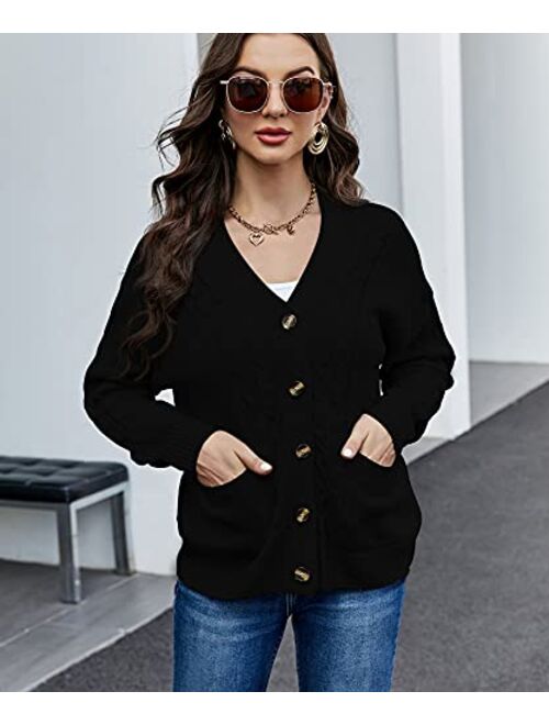 LIOFOER Women's Knitted Pattern Long Sleeve Sweater with Pocket Front Cardigan Button Loose Jacket