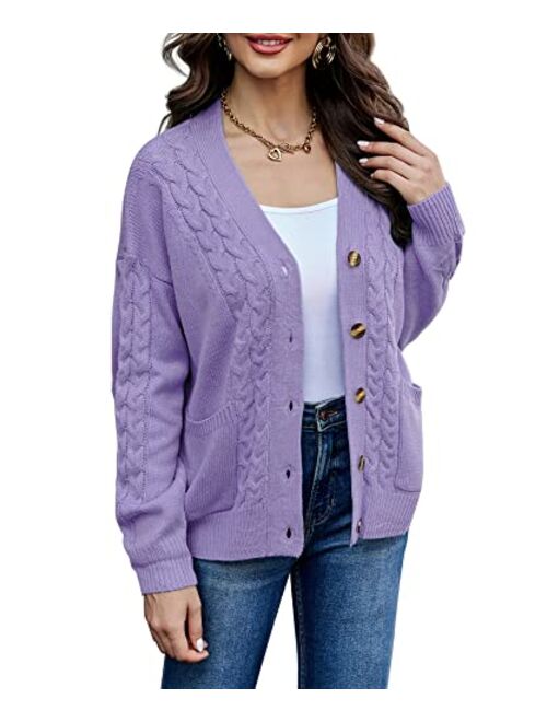 LIOFOER Women's Knitted Pattern Long Sleeve Sweater with Pocket Front Cardigan Button Loose Jacket