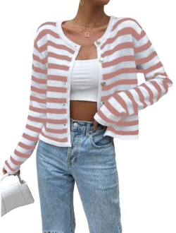 Women's Long Sleeve Round Neck Button Front Striped Knit Cardigan Sweater