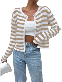 Women's Long Sleeve Round Neck Button Front Striped Knit Cardigan Sweater