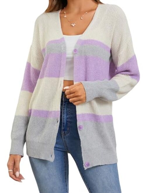 SweatyRocks Women's Long Sleeve Round Neck Button Front Striped Knit Cardigan Sweater