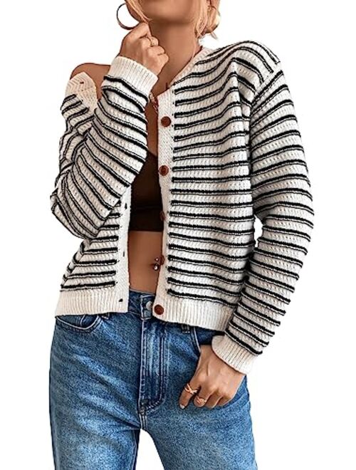 SweatyRocks Women's Long Sleeve Round Neck Button Front Striped Knit Cardigan Sweater