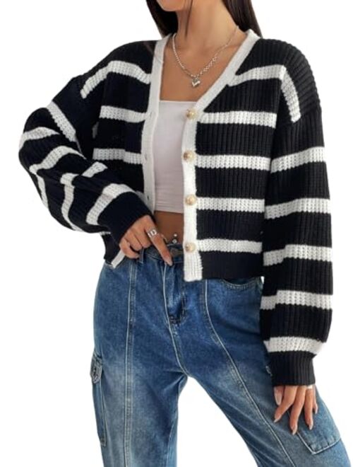 SweatyRocks Women's Long Sleeve Round Neck Button Front Striped Knit Cardigan Sweater