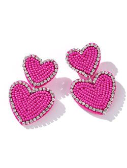 Pofilala Beaded Heart Shaped Earrings - Handmade Statement Heart Dangle Earrings Gift for Valentine's Day and Mother's Day