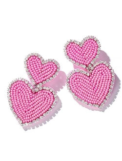 Pofilala Beaded Heart Shaped Earrings - Handmade Statement Heart Dangle Earrings Gift for Valentine's Day and Mother's Day