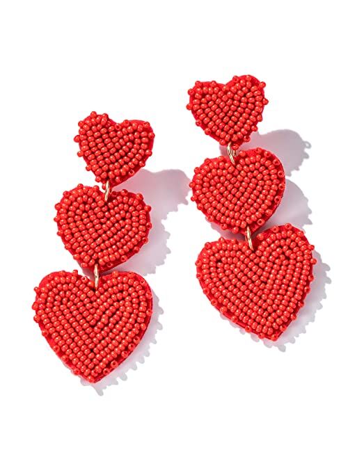 Pofilala Beaded Heart Shaped Earrings - Handmade Statement Heart Dangle Earrings Gift for Valentine's Day and Mother's Day