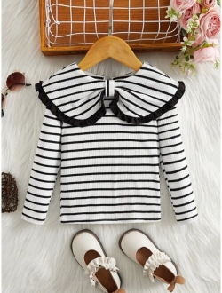 SHEIN Kids KDOMO Young Girl Striped Print Statement Collar Tee