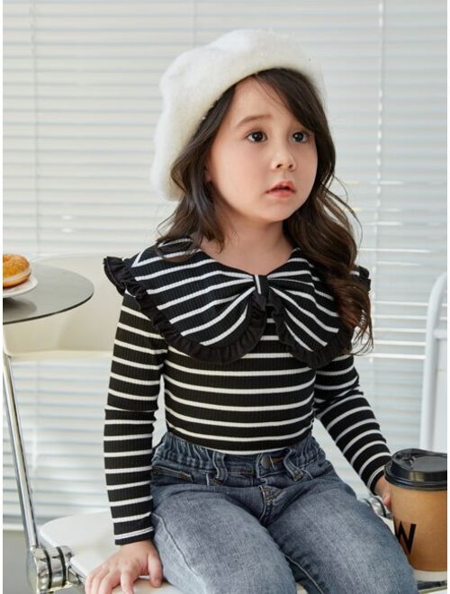 SHEIN Kids KDOMO Young Girl Striped Print Statement Collar Tee