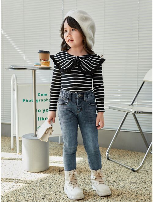 SHEIN Kids KDOMO Young Girl Striped Print Statement Collar Tee