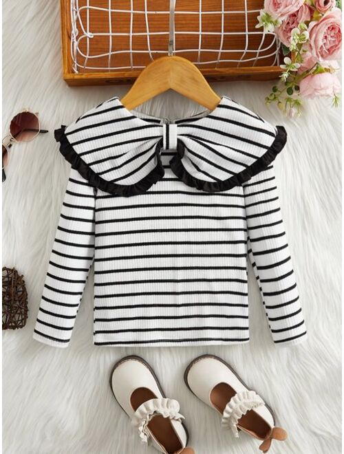 SHEIN Kids KDOMO Young Girl Striped Print Statement Collar Tee