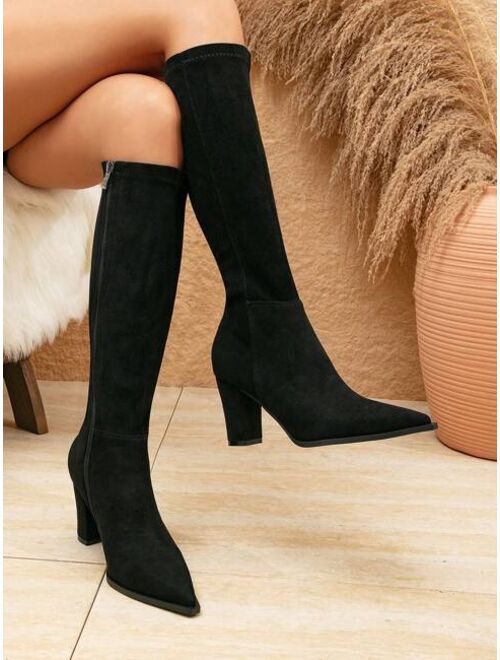 Emien Fashionable Western Style Motorbike Wind Women's Studded Strap Knee-high Boots With Pointed Toe & Chunky Heel