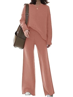 ETCYY NEW Womens Elegant Lounge Sets Knitted Sweatsuit Sets 2 Piece Outfits with Sweater Tops and Wide Leg Sweatpants