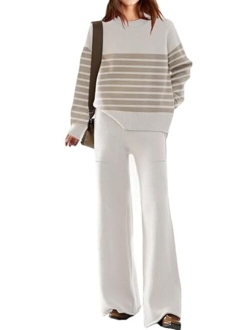 ETCYY NEW Womens Elegant Lounge Sets Knitted Sweatsuit Sets 2 Piece Outfits with Sweater Tops and Wide Leg Sweatpants