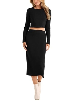 Women's 2024 Fall 2 Piece Outfits Tracksuit Rib Knit Crop Tops And Slit Midi Bodycon Skirt Dress Sets