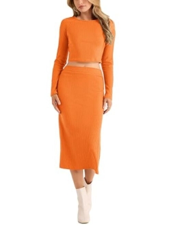 Women's 2024 Fall 2 Piece Outfits Tracksuit Rib Knit Crop Tops And Slit Midi Bodycon Skirt Dress Sets