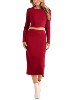 Women's 2024 Fall 2 Piece Outfits Tracksuit Rib Knit Crop Tops And Slit Midi Bodycon Skirt Dress Sets