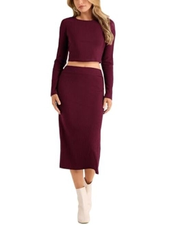 Women's 2024 Fall 2 Piece Outfits Tracksuit Rib Knit Crop Tops And Slit Midi Bodycon Skirt Dress Sets