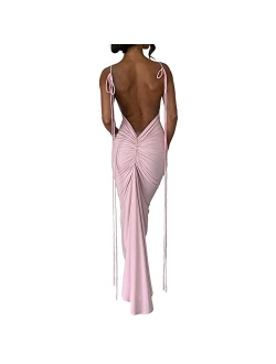 Axupico Women Sexy Backless Maxi Dress Sleeveless Halterneck Solid Slim Fit Bodycon Formal Cocktail Dress for Party