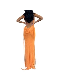 Axupico Women Sexy Backless Maxi Dress Sleeveless Halterneck Solid Slim Fit Bodycon Formal Cocktail Dress for Party