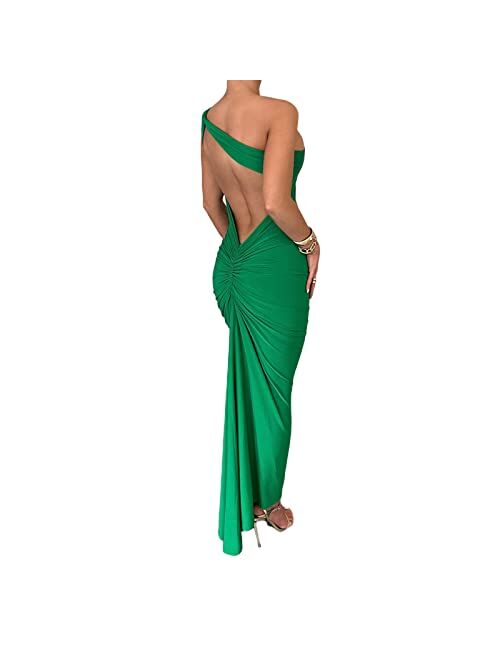 Axupico Women Sexy Backless Maxi Dress Sleeveless Halterneck Solid Slim Fit Bodycon Formal Cocktail Dress for Party