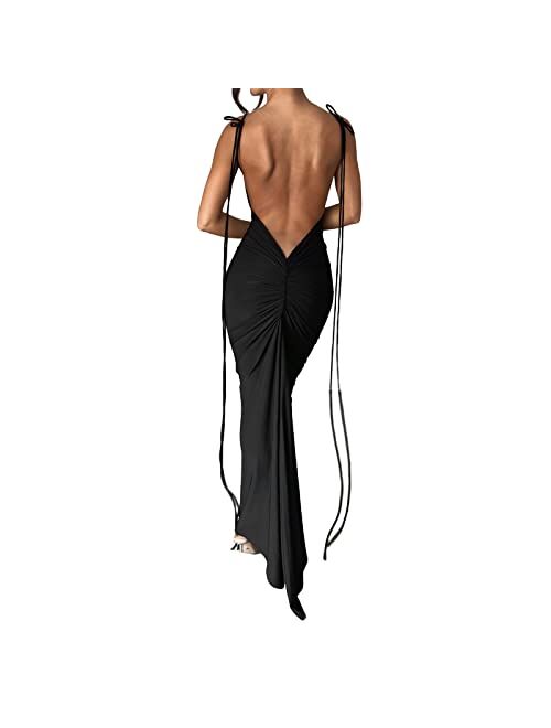 Axupico Women Sexy Backless Maxi Dress Sleeveless Halterneck Solid Slim Fit Bodycon Formal Cocktail Dress for Party