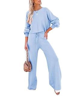 Viottiset Women's 2 Piece Outfits Sweatsuit Casual Knit Pullover Sweater Pajamas Lounge Set
