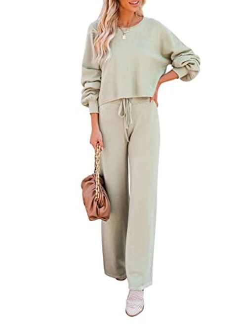 Viottiset Women's 2 Piece Outfits Sweatsuit Casual Knit Pullover Sweater Pajamas Lounge Set