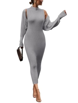 Womens Fall 2 Piece Outfits Bodycon Maxi Tank Pullover Sweater Dress And Long Sleeve Cropped Cardigan Knit Sets