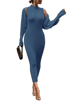 Womens Fall 2 Piece Outfits Bodycon Maxi Tank Pullover Sweater Dress And Long Sleeve Cropped Cardigan Knit Sets