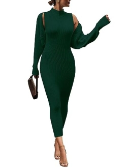 Womens Fall 2 Piece Outfits Bodycon Maxi Tank Pullover Sweater Dress And Long Sleeve Cropped Cardigan Knit Sets