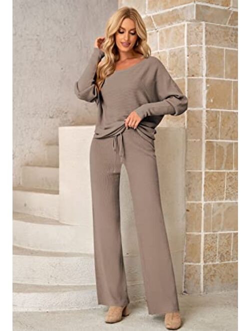 Linsery Womens 2 Piece Outfits One Shoulder Knit Sweater Pullovers Wide Leg Pants Sets Sweatsuit Tracksuit