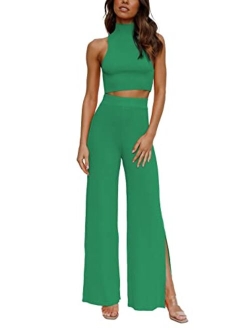 ARTFREE Womens 2 Piece Outfits Sets Casual Sweatsuits Streetwear, Ribbed Knit Palazzo Wide Leg Pants and Cropped Tops