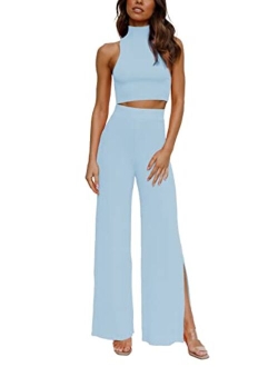 ARTFREE Womens 2 Piece Outfits Sets Casual Sweatsuits Streetwear, Ribbed Knit Palazzo Wide Leg Pants and Cropped Tops