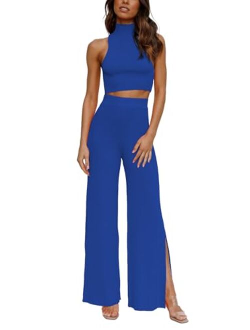 ARTFREE Womens 2 Piece Outfits Sets Casual Sweatsuits Streetwear, Ribbed Knit Palazzo Wide Leg Pants and Cropped Tops