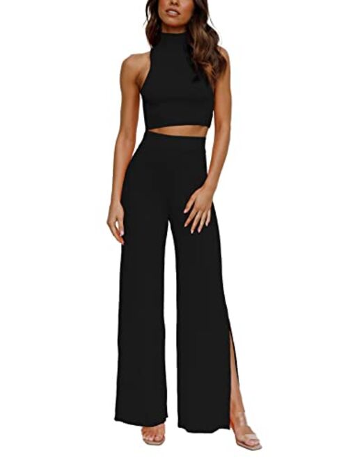 ARTFREE Womens 2 Piece Outfits Sets Casual Sweatsuits Streetwear, Ribbed Knit Palazzo Wide Leg Pants and Cropped Tops