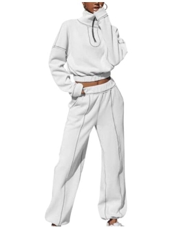 COZYPOIN Women's Fleece Two Piece Outfit Half Zip Sweatshirt And Joggers Pants Set Tracksuit