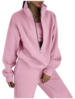 COZYPOIN Women's Fleece Two Piece Outfit Half Zip Sweatshirt And Joggers Pants Set Tracksuit