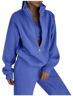 COZYPOIN Women's Fleece Two Piece Outfit Half Zip Sweatshirt And Joggers Pants Set Tracksuit