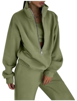 COZYPOIN Women's Fleece Two Piece Outfit Half Zip Sweatshirt And Joggers Pants Set Tracksuit