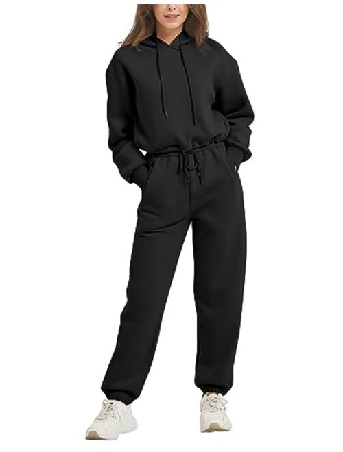 COZYPOIN Women's Fleece Two Piece Outfit Half Zip Sweatshirt And Joggers Pants Set Tracksuit