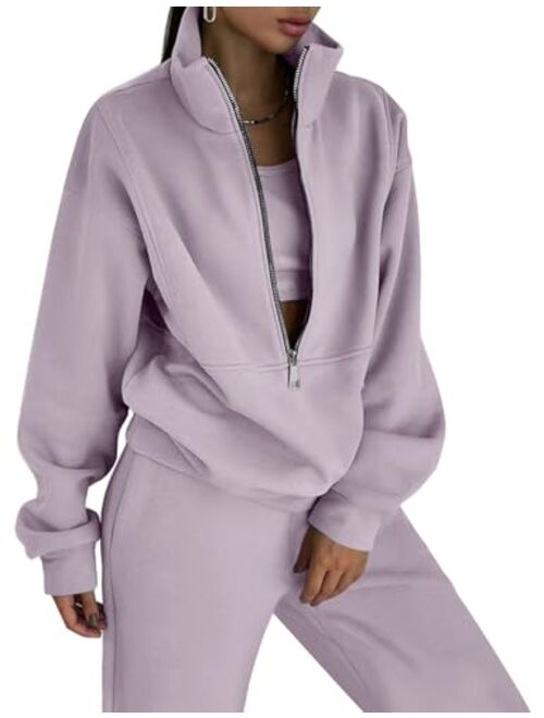 COZYPOIN Women's Fleece Two Piece Outfit Half Zip Sweatshirt And Joggers Pants Set Tracksuit